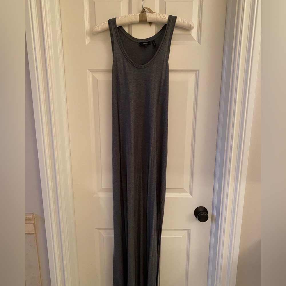 Theory maxi grey t-shirt dress with long slit up the side.